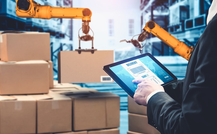 Foto sistemas de brazos robóticos inteligentes para tecnología digital innovadora de almacenes y fábricas