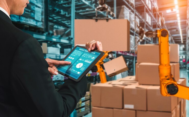 Foto sistemas de brazos robóticos inteligentes para tecnología digital innovadora de almacenes y fábricas