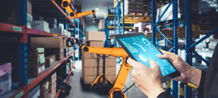 Foto sistemas de brazos robóticos inteligentes para tecnología digital innovadora de almacenes y fábricas