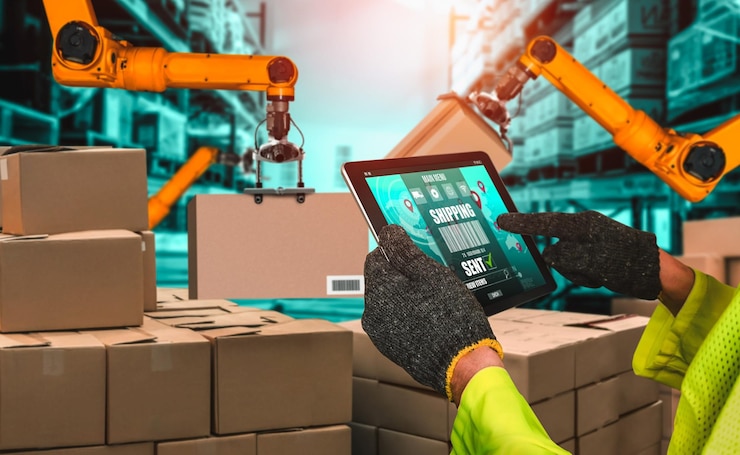 Foto sistemas de brazos robóticos inteligentes para tecnología digital innovadora de almacenes y fábricas