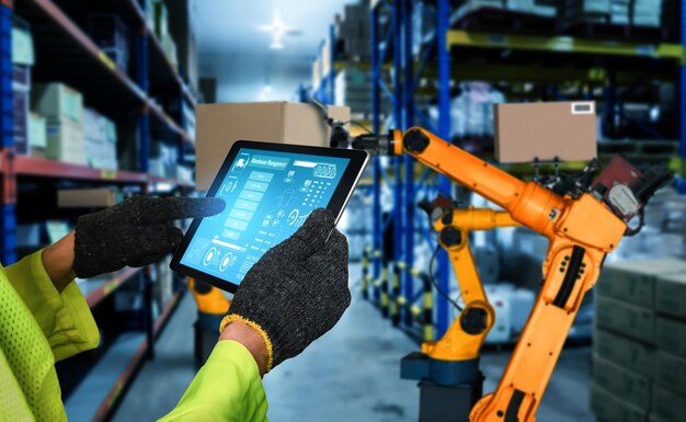 Sistemas de brazos robóticos inteligentes para tecnología digital innovadora de almacenes y fábricas