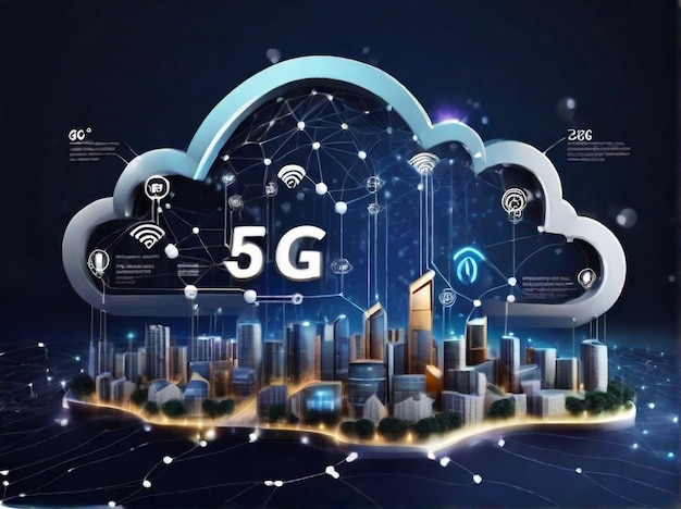 Sistemas inalámbricos de red 5G e Internet de las cosas con el horizonte de la ciudad moderna ciudad inteligente