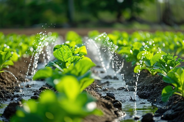 Sistemas de riego como mangueras de riego por goteo y colocación de aspersores según el tipo de planta.