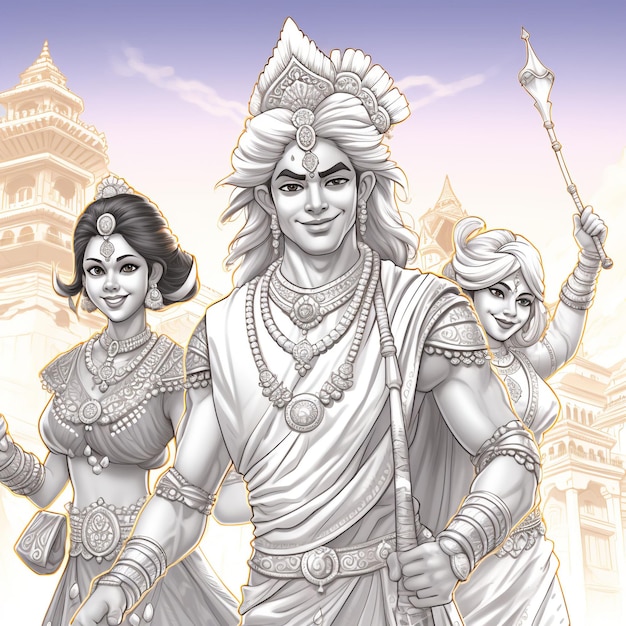 Sita y Rama Lakshmana dejando Ayodhya para el exilio línea de arte página de libro de colorear en blanco y negro sw