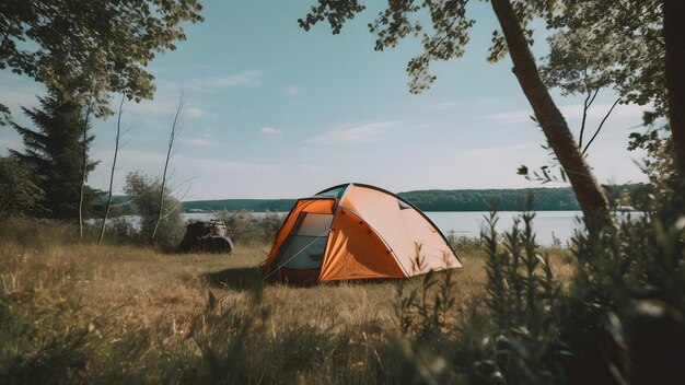 Sitio de campamento de verano con una carpa naranja cerca de la imagen generada por la red neuronal del lago de verano