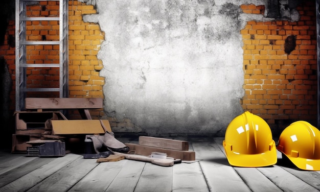 Sitio de construcción con un casco de construcción amarillo y un casco de construcción amarillo.