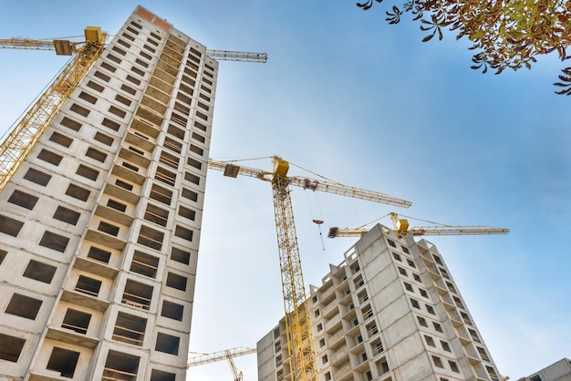 Sitio de construcción con edificios y grúas industriales.