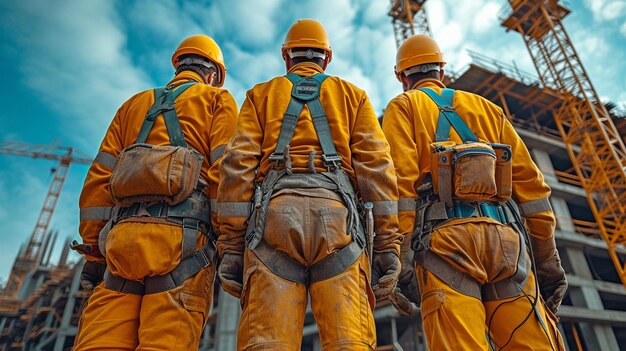 Foto en un sitio de construcción, los empleados están equipados con arneses de seguridad protectores y acceso por cuerdas