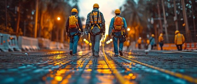 Foto en un sitio de construcción, los empleados están equipados con arneses de seguridad protectores y acceso por cuerdas