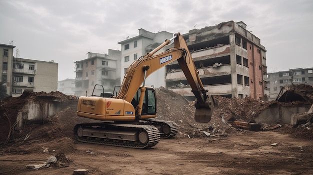 Un sitio de construcción con una excavadora amarilla en la espalda