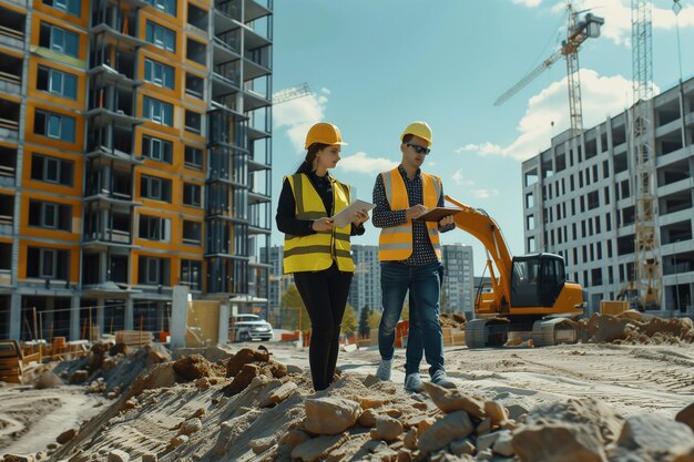 Sitio de construcción con excavadoras en Sunny Day Equipo diverso de hombres y mujeres de bienes raíces