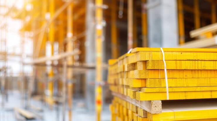 Sitio de construcción futurista con materiales de construcción innovadores y copia de espacio profundidad de campo