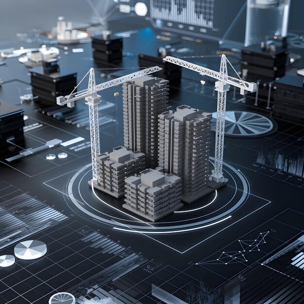 Sitio de construcción futurista con modelos 3D de edificios, grúas y datos digitales para las redes sociales