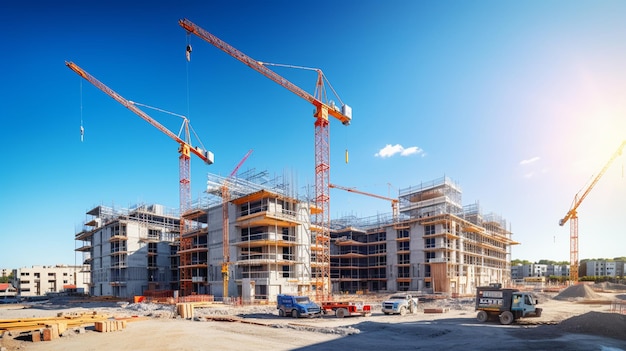 Foto sitio de construcción con grúa y edificio.