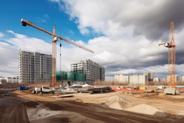 Sitio de construcción con grúa imponente trabajando en un edificio de gran altura creado con IA generativa