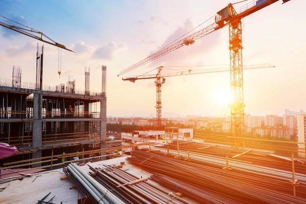un sitio de construcción con grúas y una puesta de sol en el fondo