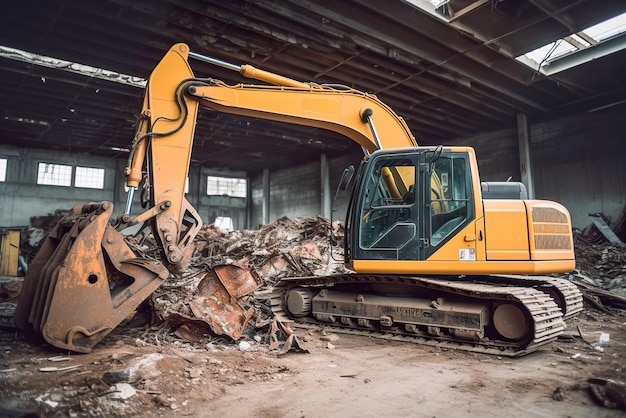 Sitio de construcción industrial abandonado con una excavadora amarilla en primer plano IA generativa