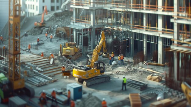 En un sitio de construcción, los ingenieros están usando equipos y materiales avanzados para construir un edificio moderno.