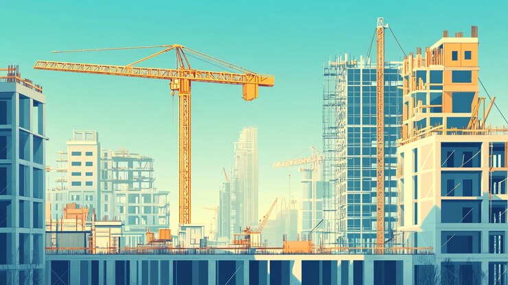 Un sitio de construcción lleno de actividad en un entorno urbano moderno durante las horas de luz del día