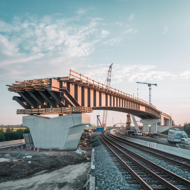 un sitio de construcción con un puente que dice construcción