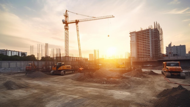 Sitio de construcción con una puesta de sol en el fondo