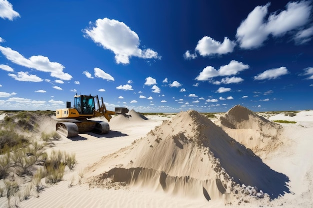 Sitio de excavación rodeado de dunas ondulantes y el cielo azul brillante