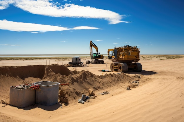 Sitio de excavación con vista de dunas distantes y el horizonte