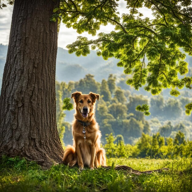 Foto sitio del perro bajo el árbol