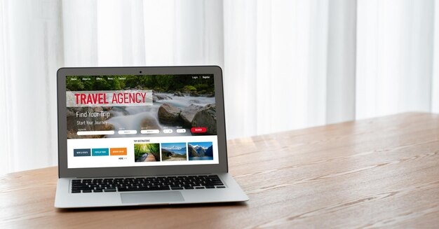 Foto el sitio web de una agencia de viajes en línea para búsquedas modernas y planificación de viajes ofrece ofertas y paquetes para reservas de vuelos, hoteles y excursiones