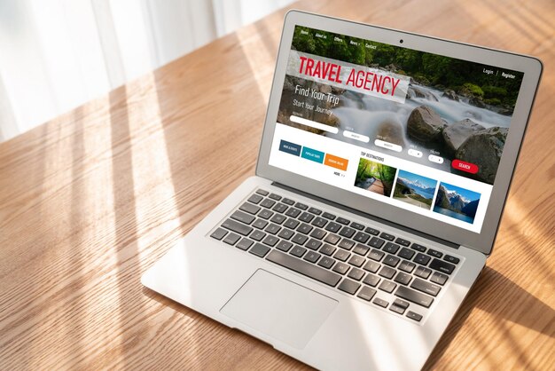 Foto el sitio web de una agencia de viajes en línea para búsquedas modernas y planificación de viajes ofrece ofertas y paquetes para reservas de vuelos, hoteles y excursiones