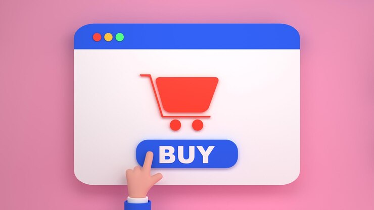 Foto sitio web con mano humana de dibujos animados presionando el botón de compra y el icono del carrito de compras. ilustración de procesamiento 3d