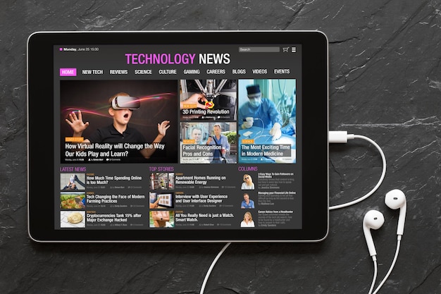 Foto sitio web de noticias tecnológicas en tableta todos los contenidos están compuestos