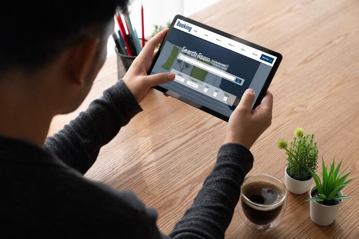 Foto el sitio web de reserva de alojamiento de hotel en línea proporciona un sistema de reserva moderno concepto de tecnología de viajes
