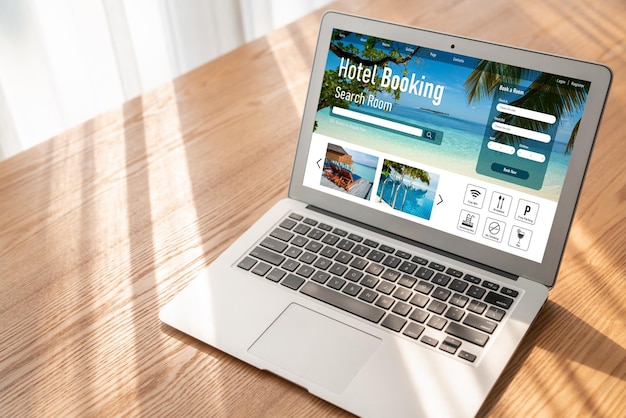 Sitio web de reserva de alojamiento hotelero en línea proporciona un sistema de reserva de moda Concepto de tecnología de viajes