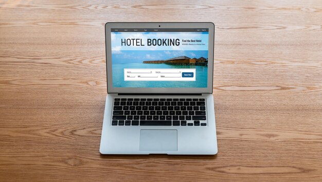 Foto sitio web de reserva de alojamiento hotelero en línea proporciona un sistema de reserva de moda concepto de tecnología de viajes