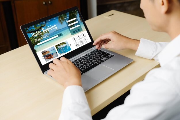 Sitio web de reserva de alojamiento hotelero en línea proporciona un sistema de reserva de moda Concepto de tecnología de viajes