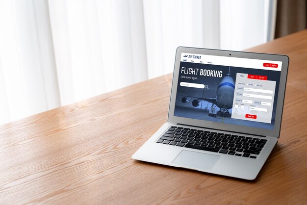 El sitio web de reservas de vuelos en línea proporciona un moderno sistema de reservas Concepto de tecnología de viajes
