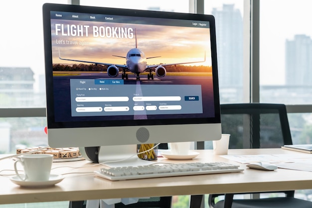 Sitio web de reservas de vuelos en línea proporciona un sistema de reservas moderno Concepto de tecnología de viajes