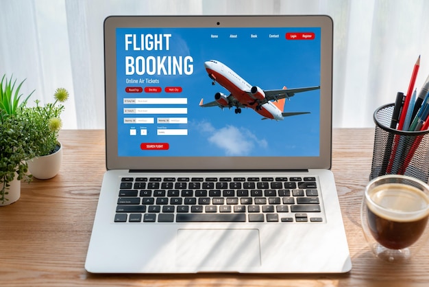 Foto sitio web de reservas de vuelos en línea proporciona un sistema de reservas moderno concepto de tecnología de viajes