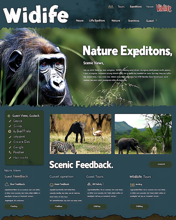 Foto un sitio web para un safari que muestra un gorila y una montaña