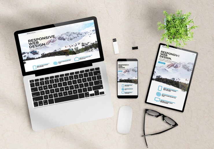 Foto sitio web de temas de diseño receptivo en dispositivos vista superior escritorio de madera representación 3d