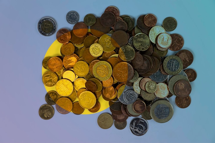 Foto situação econômica de palau valores financeiros com moedas bandeira de palau com mudanças bancárias e monetárias