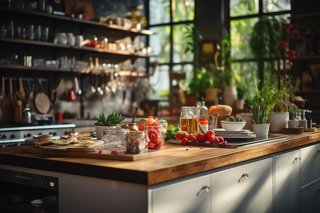 situación de cocina moderna con fondo borroso fotografía de alimentos de publicidad profesional