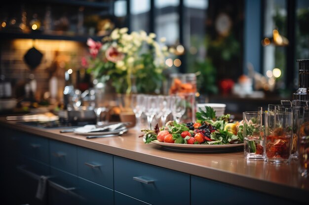 Situación de cocina moderna con fondo borroso fotografía publicitaria profesional