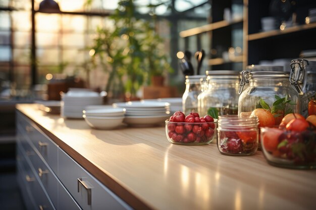 Situación de cocina moderna con fondo borroso fotografía publicitaria profesional