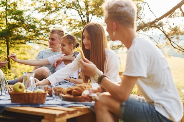 Sitzen am Picknicktisch Gruppe junger Leute haben Urlaub im Freien im Wald Konzeption von Wochenende und Freundschaft