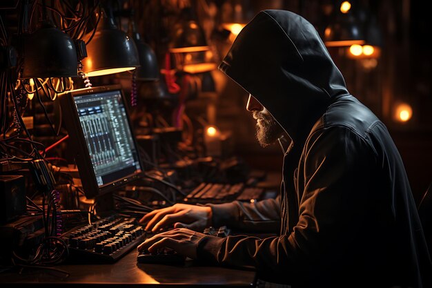 Foto sitzend am computer hacker cyber-sicherheit und antispyware-konzept ki generiert