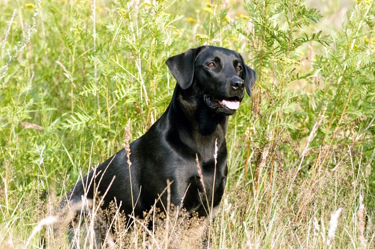 Foto sitzende schwarze labrador retriever-hündin