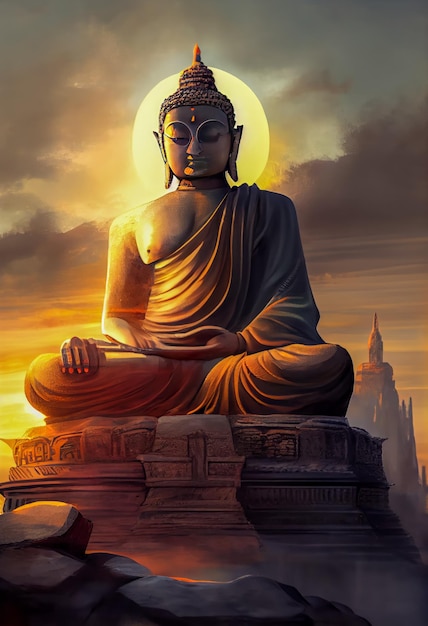 Sitzender Buddha, der die Sonne im Morgengrauen ansieht, ist generativ