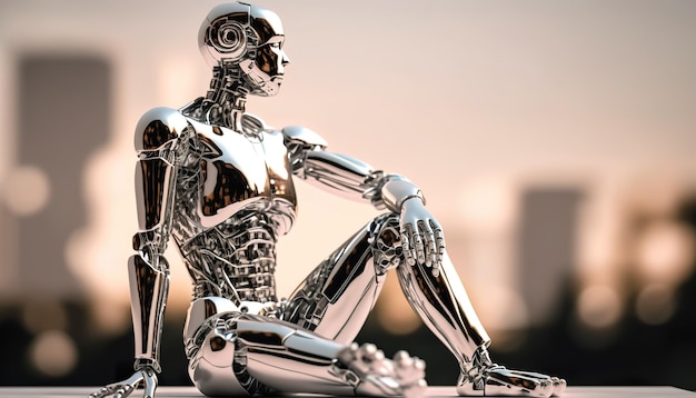 Sitzender und denkender metallischer Roboter Kreative Illustration Ai generieren